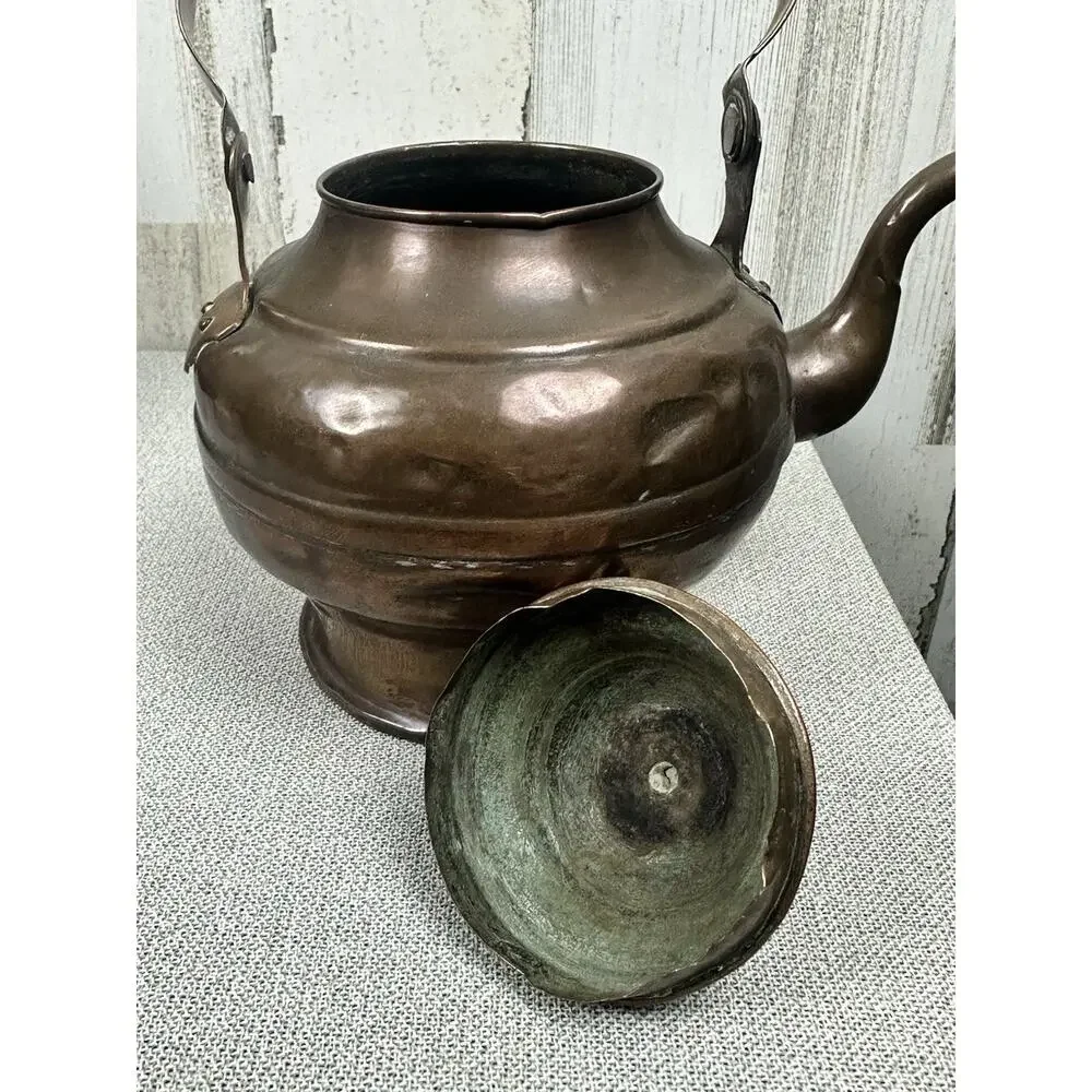 Folk Art‎ COPPER Tea Pot Kettle Patina Vintage Hand Made Porcelain Knob